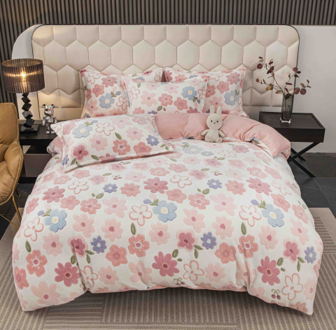 Lenjerii de pat - Lenjerie de pat dublu cocolino,4 piese, cearceaf cu elastic,alba/roz cu floricele-A1433