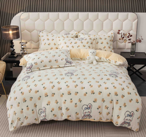 Lenjerii de pat cu iepurasi - Lenjerie de pat dublu cocolino,4 piese, cearceaf cu elastic,crem cu floricele si iepurasi-A1431