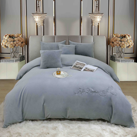 Lenjerii de pat - Lenjerie de pat dublu cocolino,blana de iepure cu fir scurt,6 piese.cearceaf de pat cu elastic,gri deschis-A1449