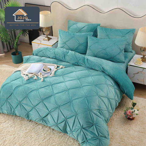 Lenjerii de pat - Lenjerie de pat dublu din catifea cu pliuri,cearceaf cu elastic,4 piese,bej- A1383