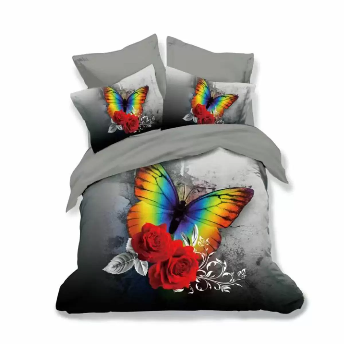 Lenjerii de pat cu fluturi - Lenjerie de pat bumbac finet 3D gri si neagra cu fluture multicolor si trandafiri rosii