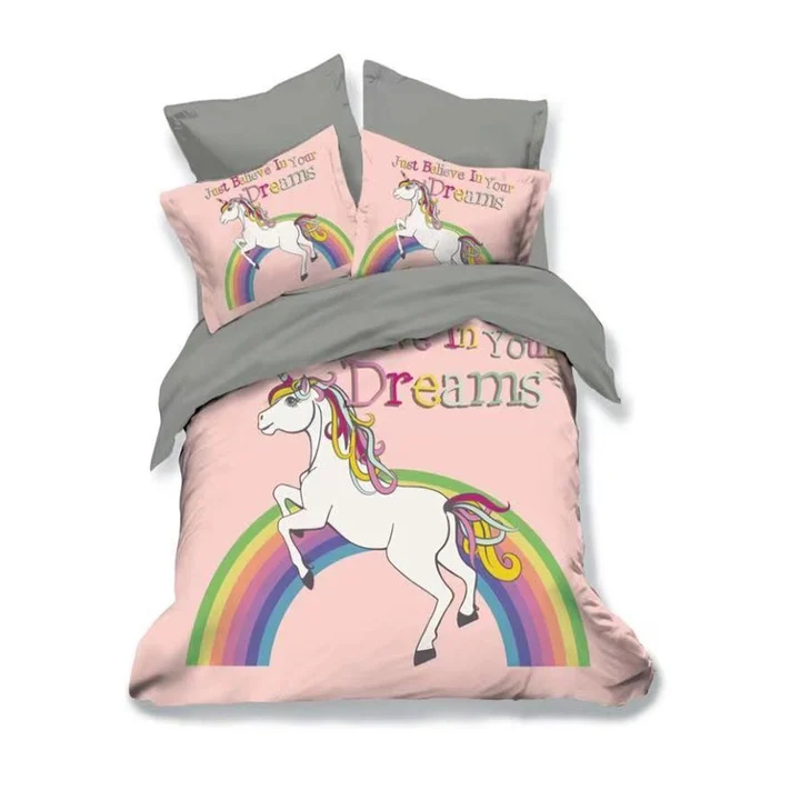Lenjerii de pat - Lenjerie de pat bumbac finet 3D roz si gri cu unicorn si curcubeu