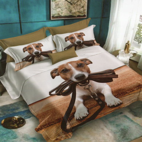 Lenjerii de pat - Lenjerie de pat bumbac finet 3D alba si cappuccino cu catel si lesa