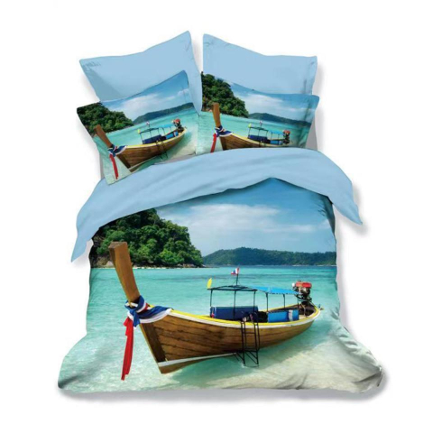 Lenjerii de pat turcoaz - Lenjerie de pat bumbac finet 3D bleu si turcoaz cu barca si peisaj tropical