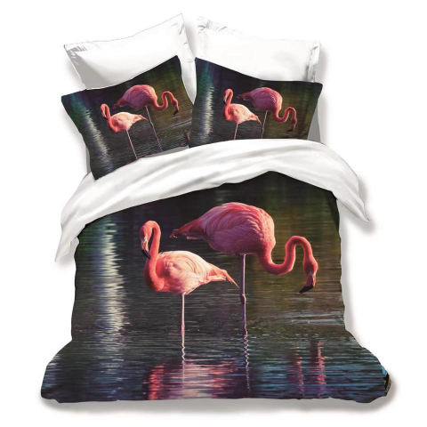 Lenjerii de pat negre - Lenjerie de pat bumbac finet 3D neagra cu pasari flamingo roz