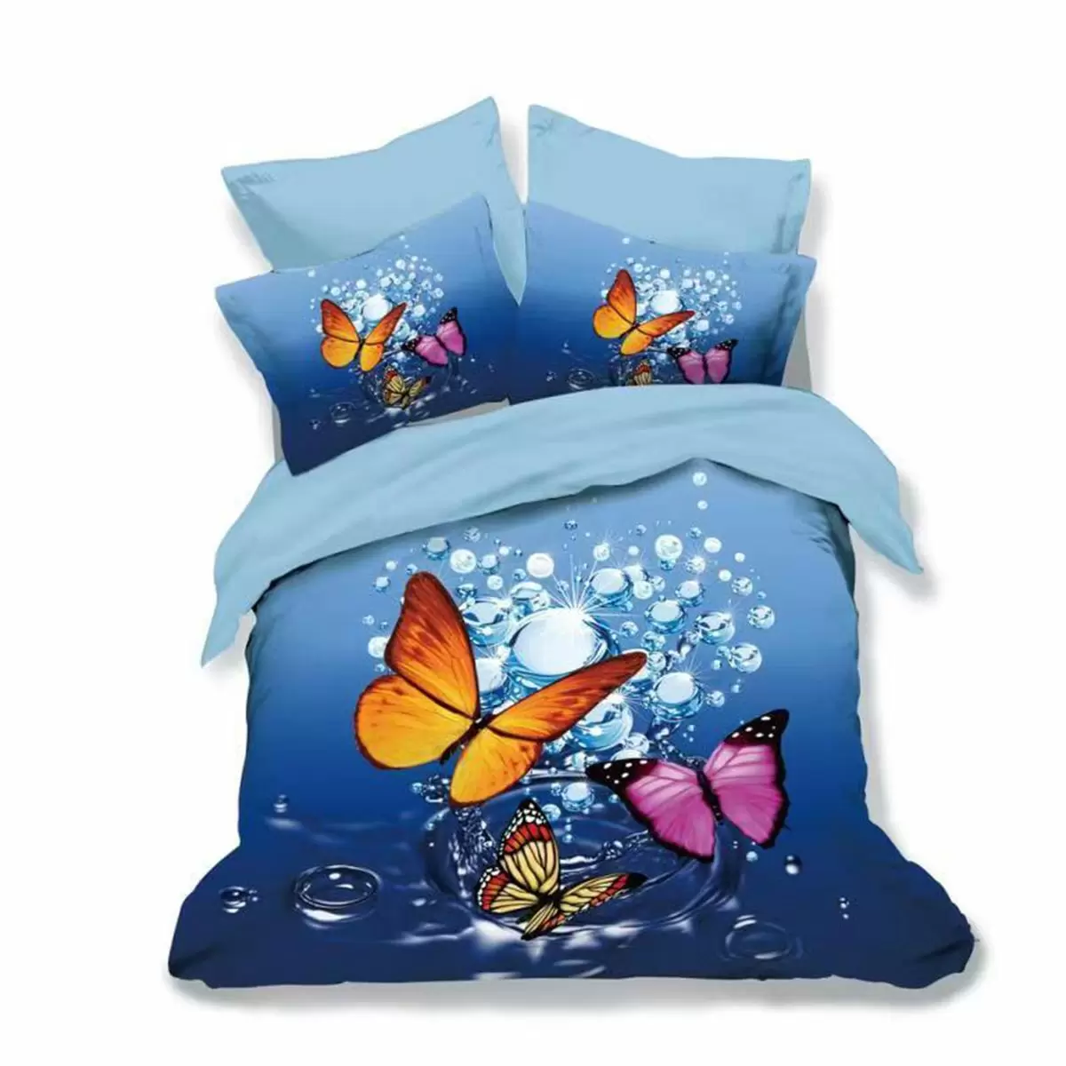 Lenjerii de pat cu fluturi - Lenjerie de pat bumbac finet 3D albastra si bleu cu fluturi multicolori