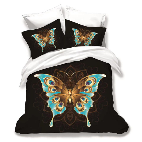 Lenjerii de pat cu fluturi - Lenjerie de pat bumbac finet 3D neagra si alba cu fluture turcoaz si auriu