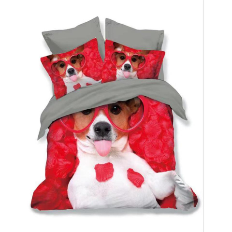 Lenjerii de pat - Lenjerie de pat bumbac finet 3D rosie si gri cu catel cu ochelari in forma de inima