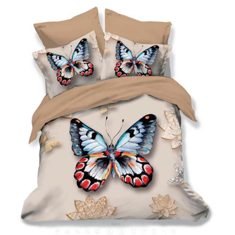 Lenjerii de pat cu fluturi - Lenjerie de pat bumbac finet 3D cappuccino si bej cu fluture multicolor