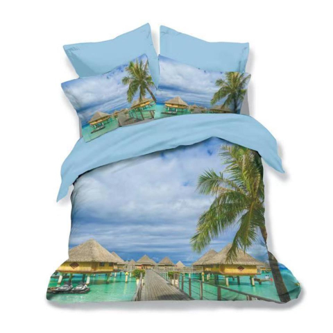 Lenjerii de pat turcoaz - Lenjerie de pat bumbac finet 3D bleu si turcoaz cu casute tropicale pe apa si palmieri