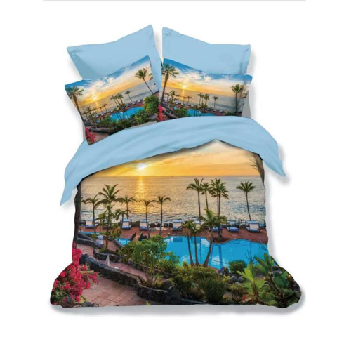 Lenjerii de pat - Lenjerie de pat bumbac finet 3D bleu cu peisaj tropical, palmieri si apus