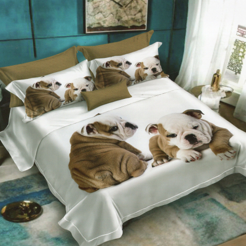 Lenjerii de pat - Lenjerie de pat bumbac finet 3D alba si cappuccino cu doi catei bulldog