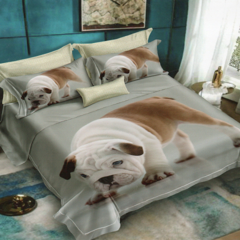 Lenjerii de pat gri deschis - Lenjerie de pat bumbac finet 3D gri deschis si bej cu catel bulldog
