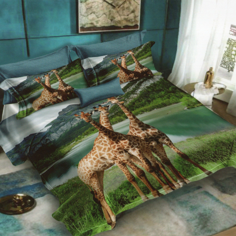 Lenjerii de pat maro - Lenjerie de pat bumbac finet 3D verde si maro cu girafe