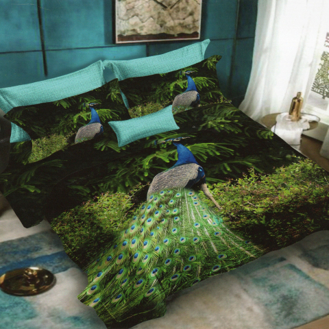 Lenjerii de pat turcoaz - Lenjerie de pat bumbac finet 3D verde inchis si turcoaz cu paun