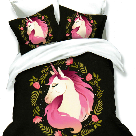 Lenjerii de pat negre - Lenjerie de pat bumbac finet 3D neagra cu unicorn roz si flori