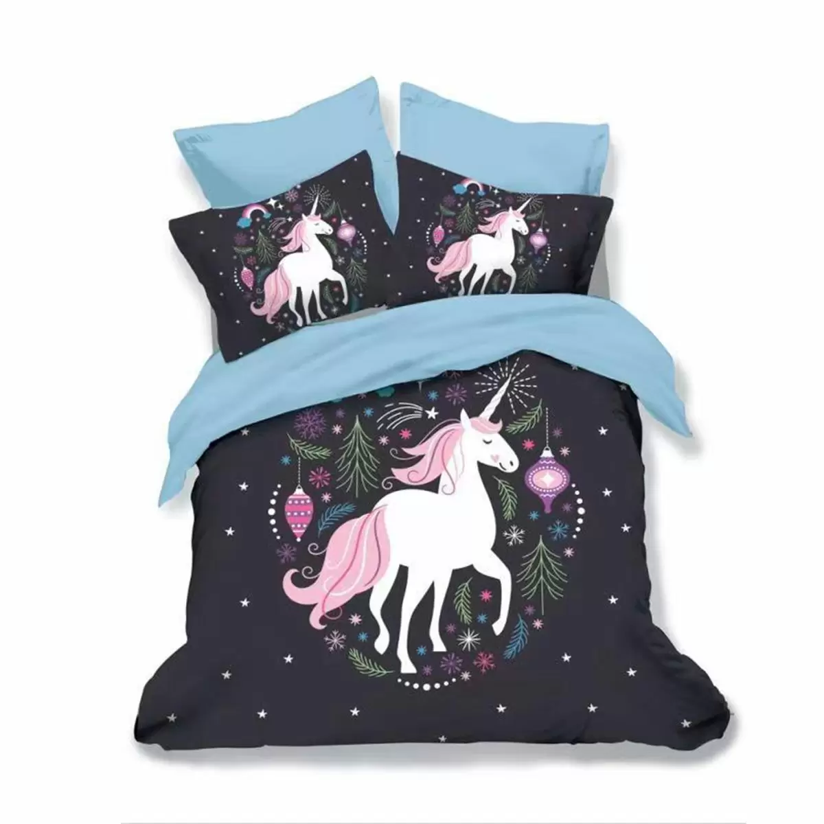 Lenjerii de pat negre - Lenjerie de pat bumbac finet 3D neagra si bleu cu unicorn roz si decor de iarna