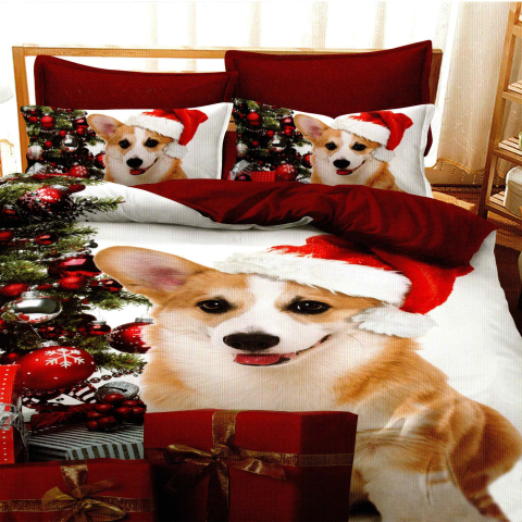 Lenjerii de pat de Craciun - Lenjerie de pat bumbac finet 3D alba si rosie cu catel si decor de Craciun