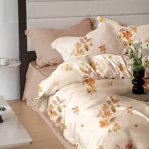 Lenjerii de pat bumbac finet - Lenjerie de pat bumbac finet, 6 piese, crem, imprimeu floral cu frunze galben-portocalii