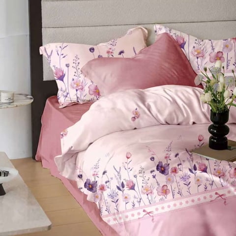 Lenjerii de pat bumbac finet - Lenjerie de pat bumbac finet, 6 piese, roz pudra, imprimeu floral multicolor