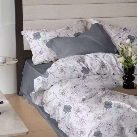 Lenjerii de pat bumbac finet - Lenjerie de pat bumbac finet, 6 piese, gri, imprimeu floral conturat