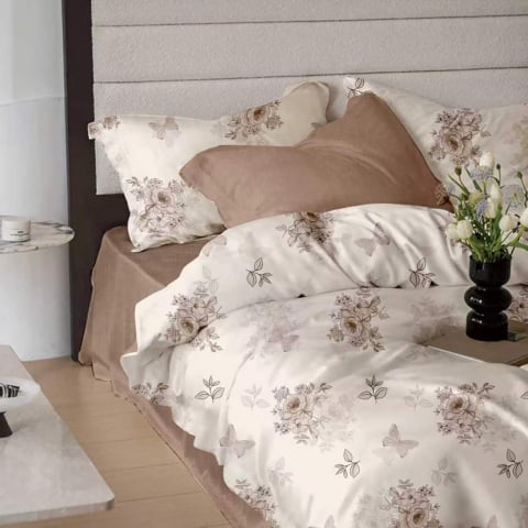 Lenjerii de pat bumbac finet - Lenjerie de pat bumbac finet, 6 piese, cappuccino deschis, imprimeu floral gri-bej cu fluturi