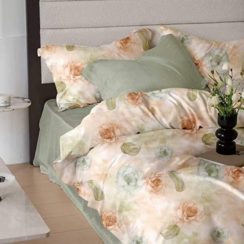 Lenjerii de pat bumbac finet - Lenjerie de pat bumbac finet, 6 piese, verde deschis, imprimeu floral pastel