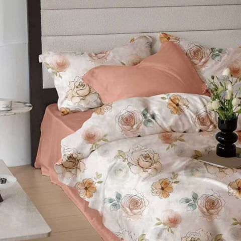 Lenjerii de pat bumbac finet - Lenjerie de pat bumbac finet, 6 piese, roz piersica, imprimeu floral acuarela