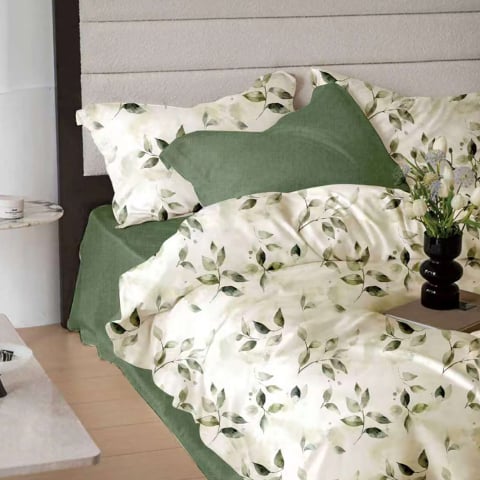 Lenjerii de pat bumbac finet - Lenjerie de pat bumbac finet, 6 piese, verde, imprimeu cu frunze