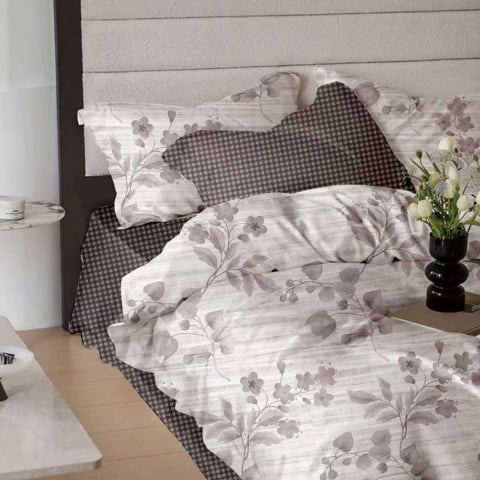 Lenjerii de pat bumbac finet - Lenjerie de pat bumbac finet, 6 piese, gri, imprimeu floral gri-lila cu model pepit
