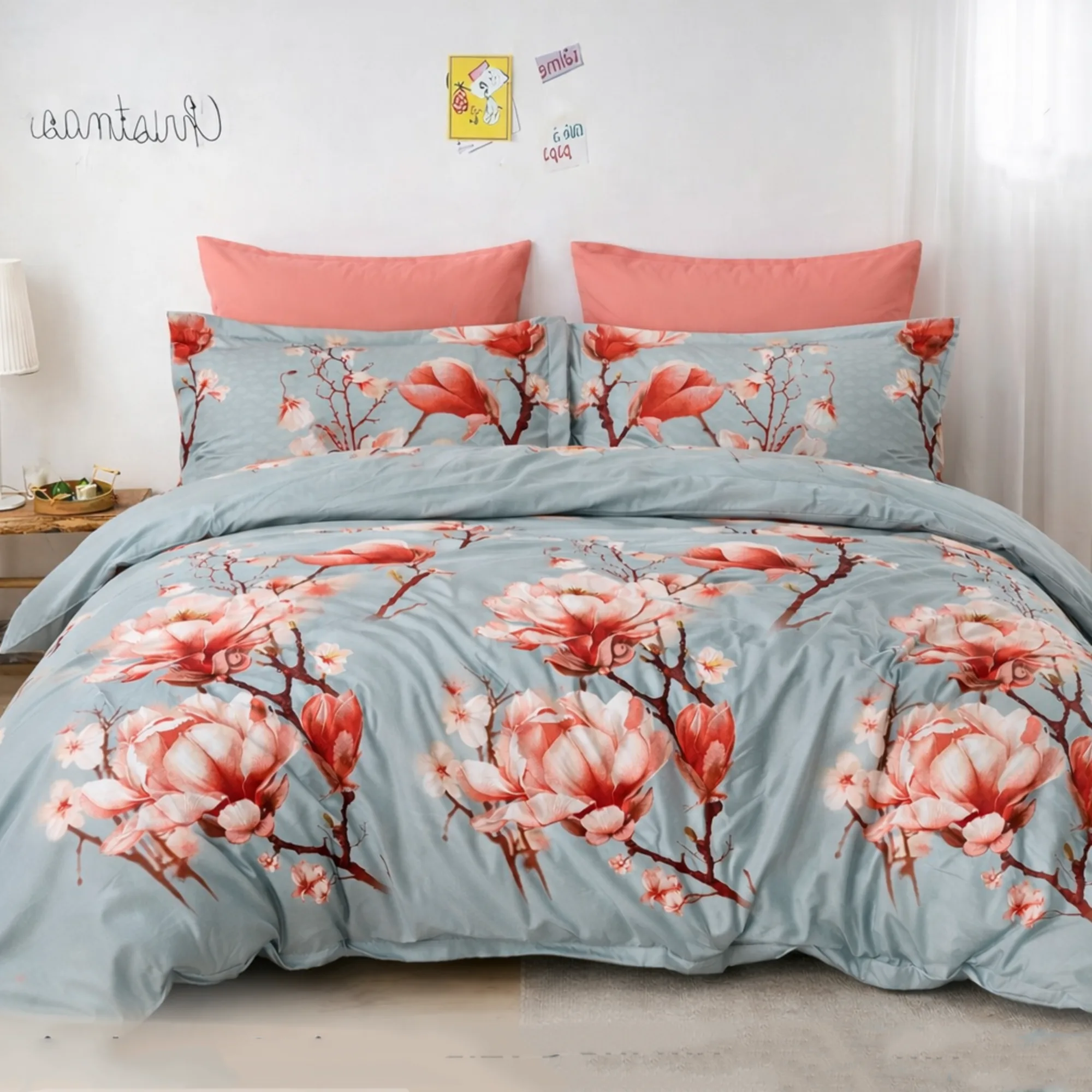 Lenjerii de pat - Lenjerie de pat bumbac finet, 6 piese, bleu, imprimeu floral coral