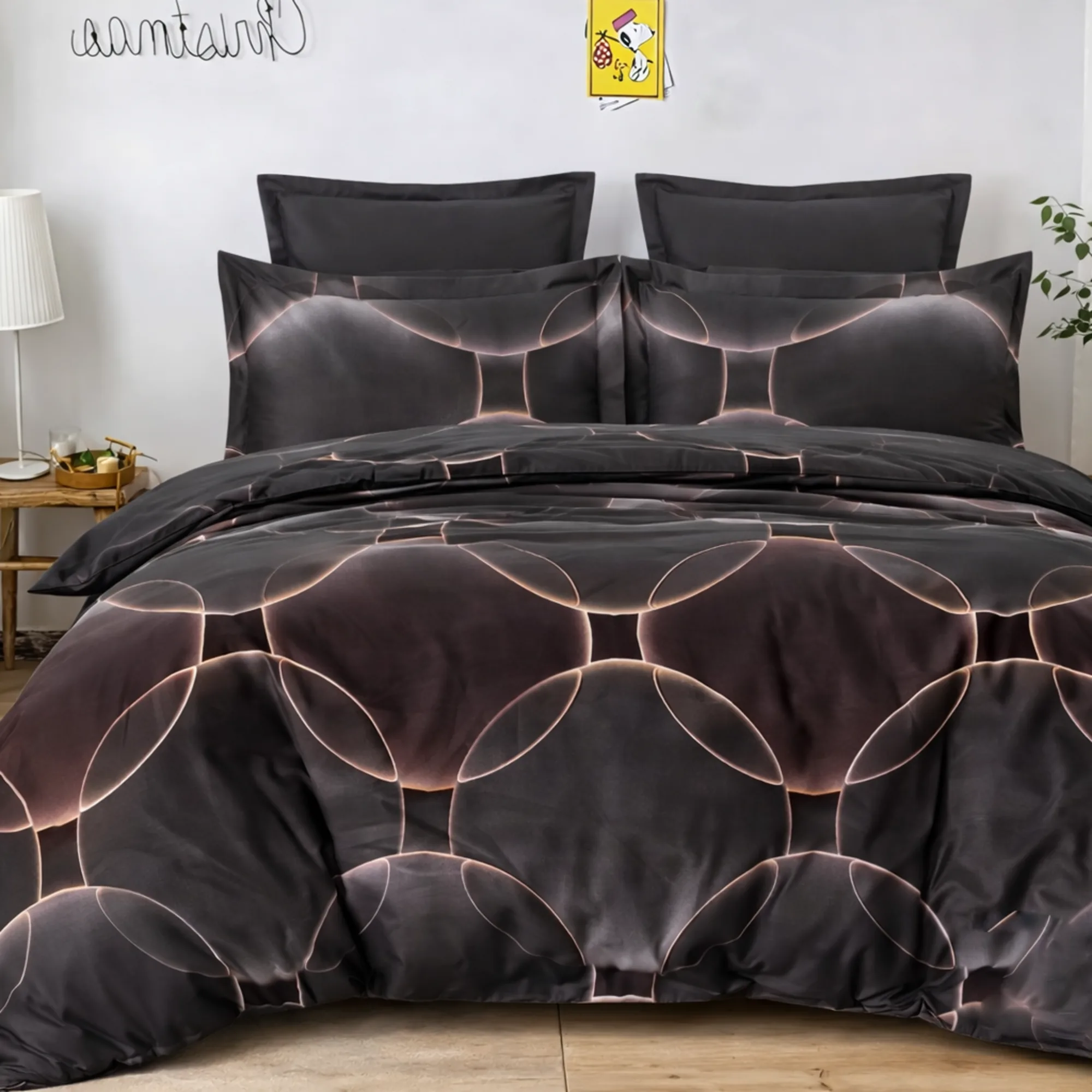 Lenjerii de pat - Lenjerie de pat bumbac finet, 6 piese, neagra, imprimeu geometric luminos