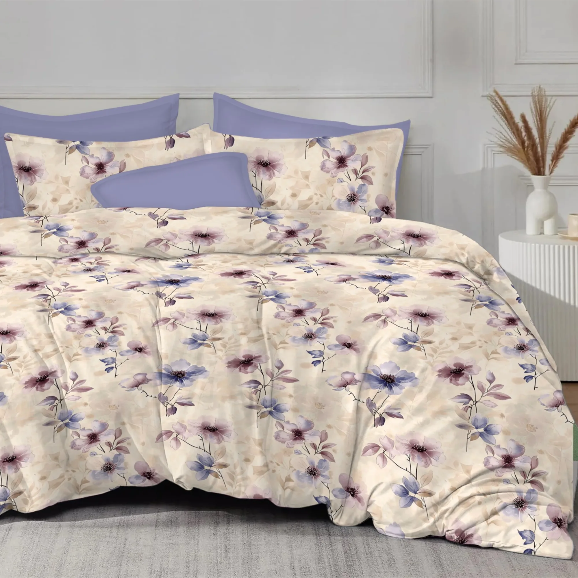 Lenjerii de pat - Lenjerie de pat bumbac finet, 6 piese, crem, imprimeu floral mov