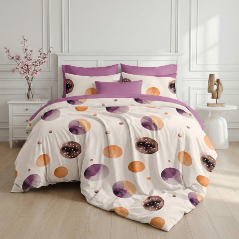 Oferte speciale - Lenjerie de pat bumbac finet 6 piese cearceaf elastic crem imprimeu cu buline colorate