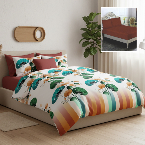 Oferte speciale - Lenjerie de pat bumbac finet 6 piese cearceaf elastic alb imprimeu cu frunze stilizate