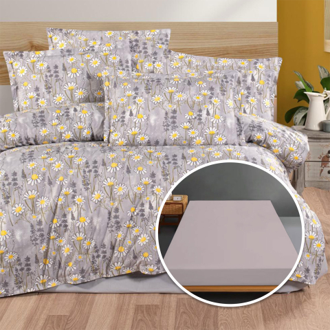 Lenjerii de pat 160x200cm - Lenjerie de pat Ranforce Ralex Pucioasa, 100% bumbac, cearceaf cu elastic, gri, imprimeu floral cu margarete, RPU-94113