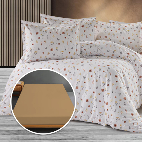 Lenjerii de pat 160x200cm - Lenjerie de pat Ranforce Ralex Pucioasa, 100% bumbac, cearceaf cu elastic, alb, imprimeu floral cu flori de camp, RPU-94119