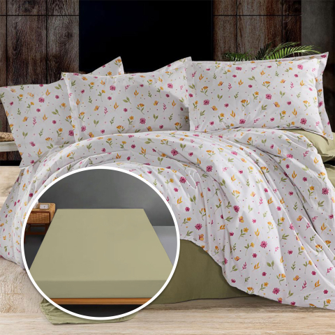 Lenjerii de pat 160x200cm - Lenjerie de pat Ranforce Ralex Pucioasa, 100% bumbac, cearceaf cu elastic, alb, imprimeu floral multicolor, RPU-94115