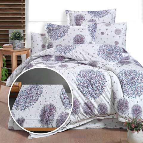 Lenjerii de pat 160x200cm - Lenjerie de pat Ranforce Ralex Pucioasa, 100% bumbac, cearceaf cu elastic, alb, imprimeu floral cu papadii colorate, RPU-94122