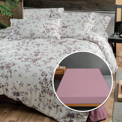 Lenjerii de pat 160x200cm - Lenjerie de pat Ranforce Ralex Pucioasa, 100% bumbac, cearceaf cu elastic, alb, imprimeu floral mov, RPU-94114