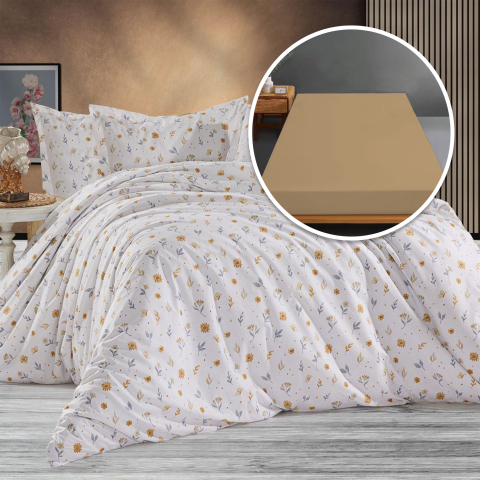 Lenjerii de pat 160x200cm - Lenjerie de pat Ranforce Ralex Pucioasa, 100% bumbac, cearceaf cu elastic, alb, imprimeu floral galben, RPU-94109