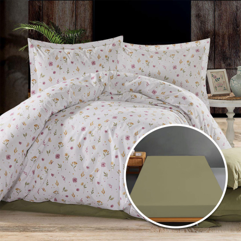 Lenjerii de pat 160x200cm - Lenjerie de pat Ranforce Ralex Pucioasa, 100% bumbac, cearceaf cu elastic, alb, imprimeu floral pastelat, RPU-94110