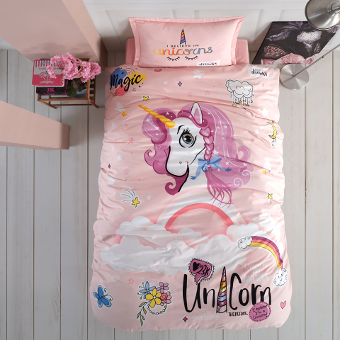 Lenjerii de pat roz - Lenjerie de pat ranforce Clasy single, 100% bumbac, 3 piese, roz, imprimeu cu unicorn, PINK DREAMS