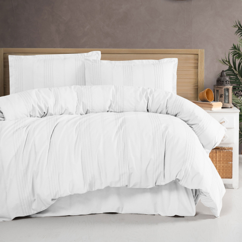 Lenjerii de pat 200x220cm - Lenjerie de pat ranforce Butique King size, 4 piese, 100% bumbac ranforce, alb, dungi decorative verticale, ARAKIS V7