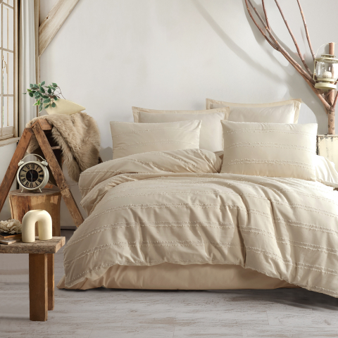 Lenjerii de pat 200x200cm - Lenjerie de pat ranforce Butique King size, 4 piese, 100% bumbac ranforce, crem, dungi decorative ton pe ton, AVOLA V1
