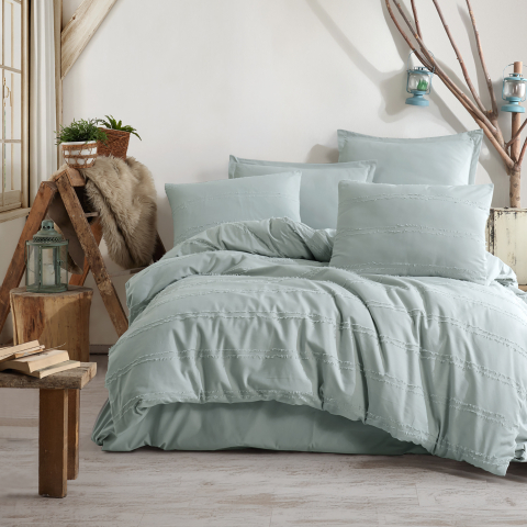 Lenjerii de pat 200x200cm - Lenjerie de pat ranforce Butique King size, 4 piese, 100% bumbac ranforce, albastru deschis, dungi decorative ton pe ton, AVOLA V2
