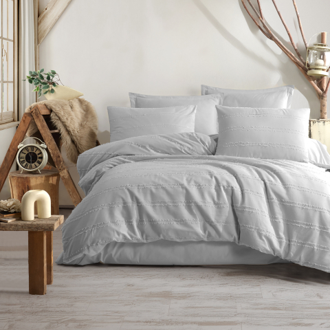 Lenjerii de pat 200x200cm - Lenjerie de pat ranforce Butique King size, 4 piese, 100% bumbac ranforce, gri, dungi decorative ton pe ton, AVOLA V3