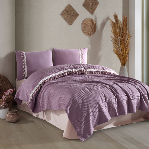 Lenjerii de pat geometrice - Lenjerie de pat ranforce Butique King size, 4 piese, 100% bumbac ranforce, mov, imprimeu geometric cu accente decorative, BOHEMLINE V7