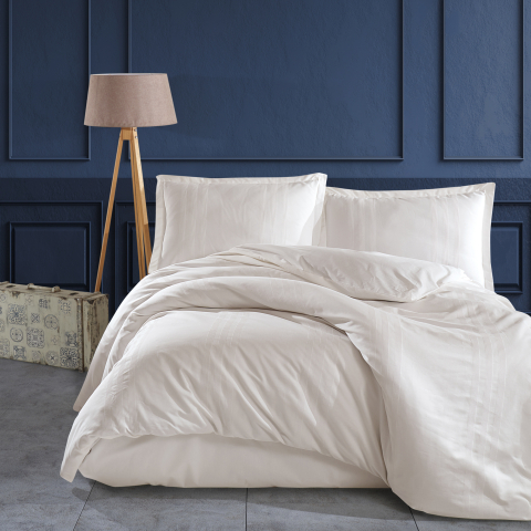 Lenjerii de pat 200x220cm - Lenjerie de pat ranforce Butique King size, 4 piese, 100% bumbac ranforce, alb, dungi decorative verticale, MELKOR V2