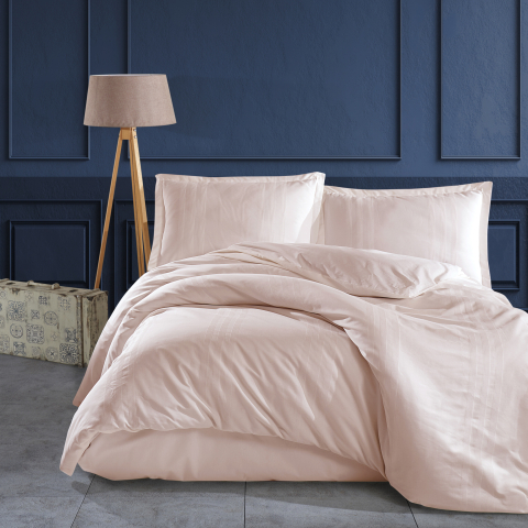 Lenjerii de pat 200x220cm - Lenjerie de pat ranforce Butique King size, 4 piese, 100% bumbac ranforce, roz, dungi decorative verticale, MELKOR V8